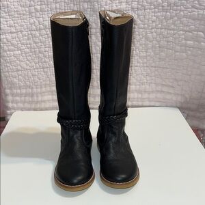 Elephantito Black Knee-High Leather Boots with Braided Detail